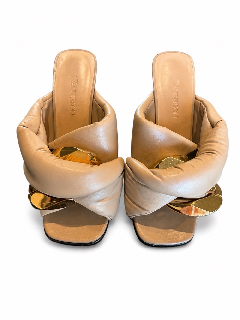 JW ANDERSON Beige Padded Twist Mule Sandals with Gold Accent